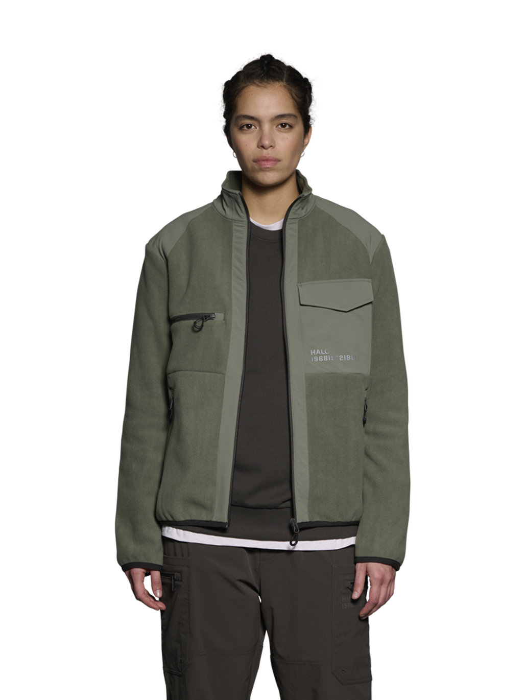 HALO PANELED FLEECE JACKET, AGAVE GREEN, model