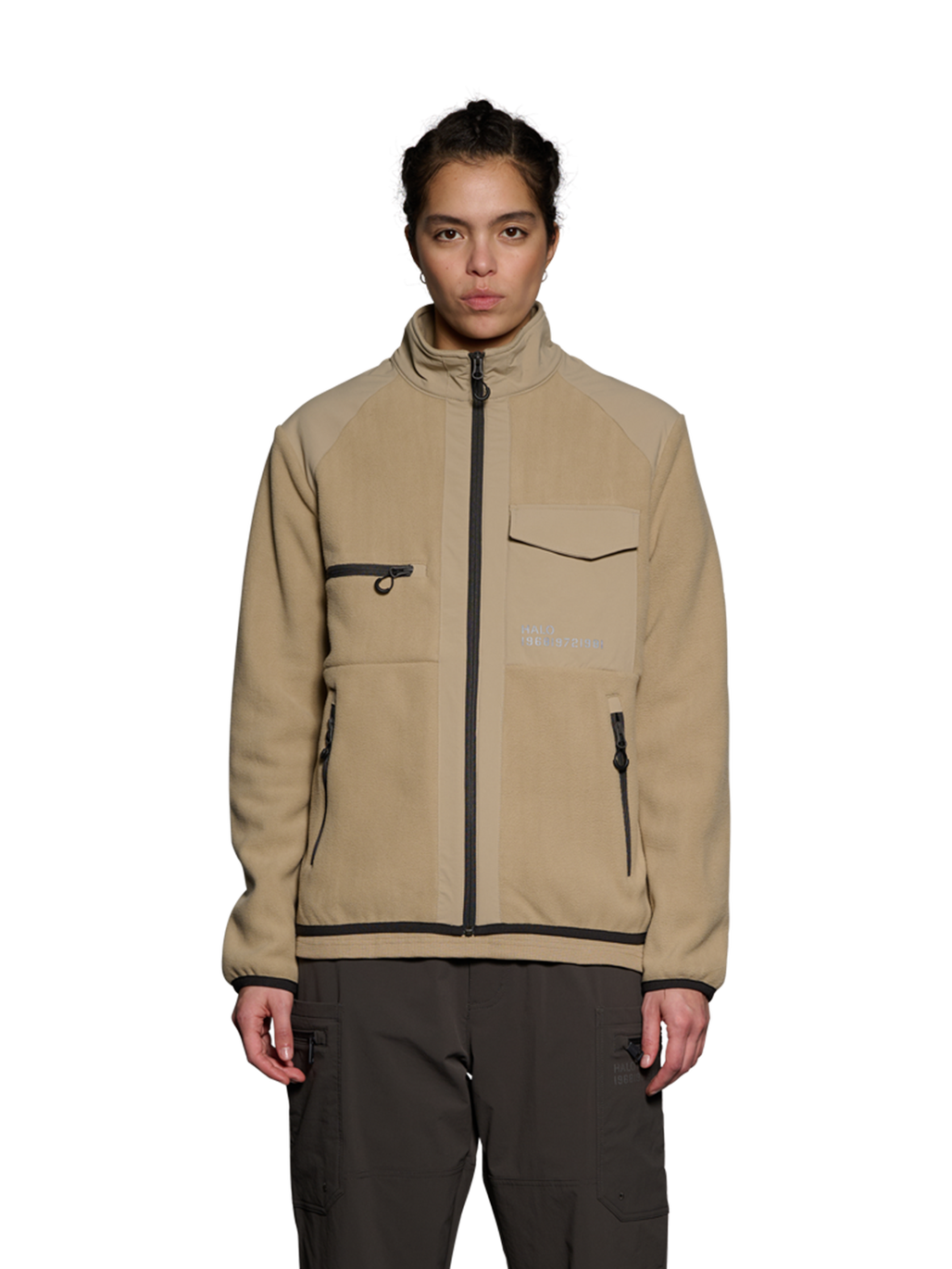 HALO PANELED FLEECE JACKET, CHINCHILLA, model