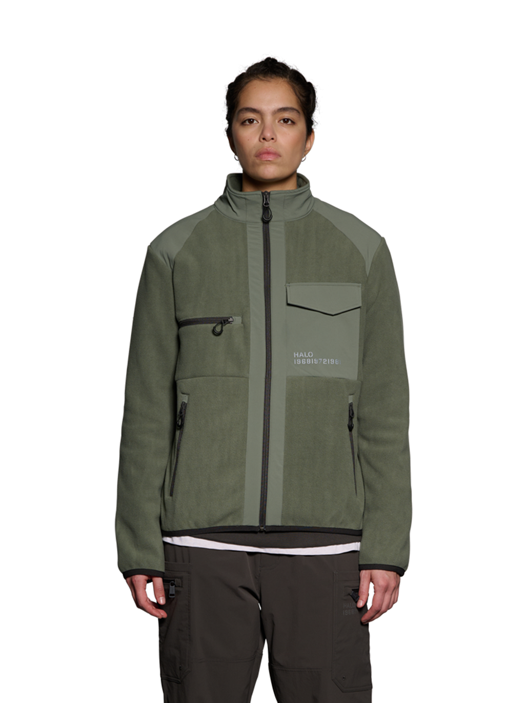 HALO PANELED FLEECE JACKET, AGAVE GREEN, model