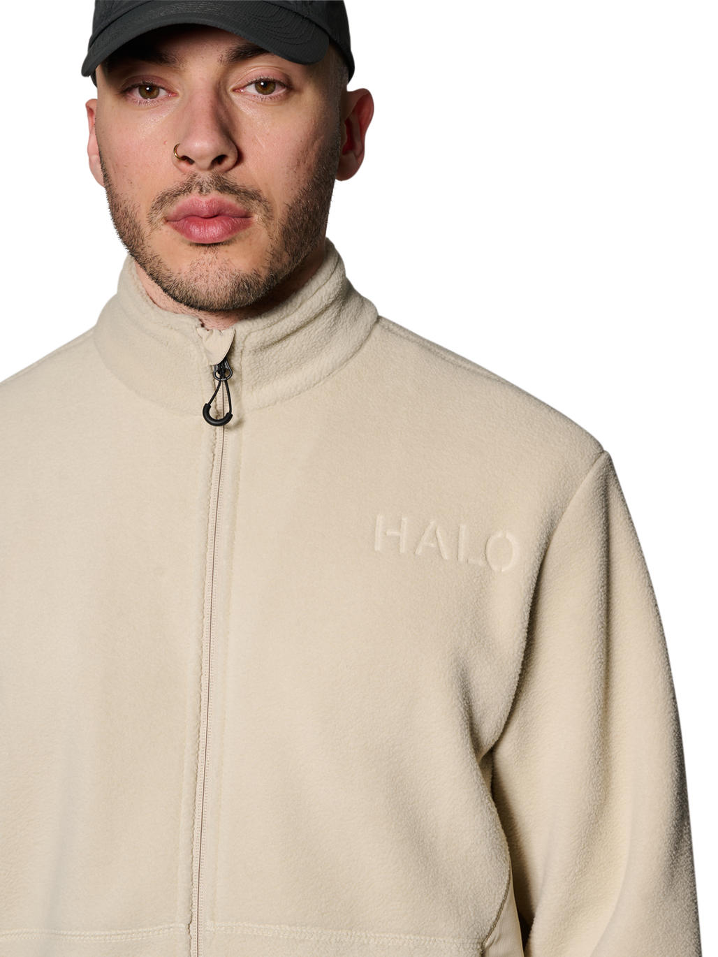 HALO ATW TEDDY FLEECE JACKET, OYSTER GRAY, model