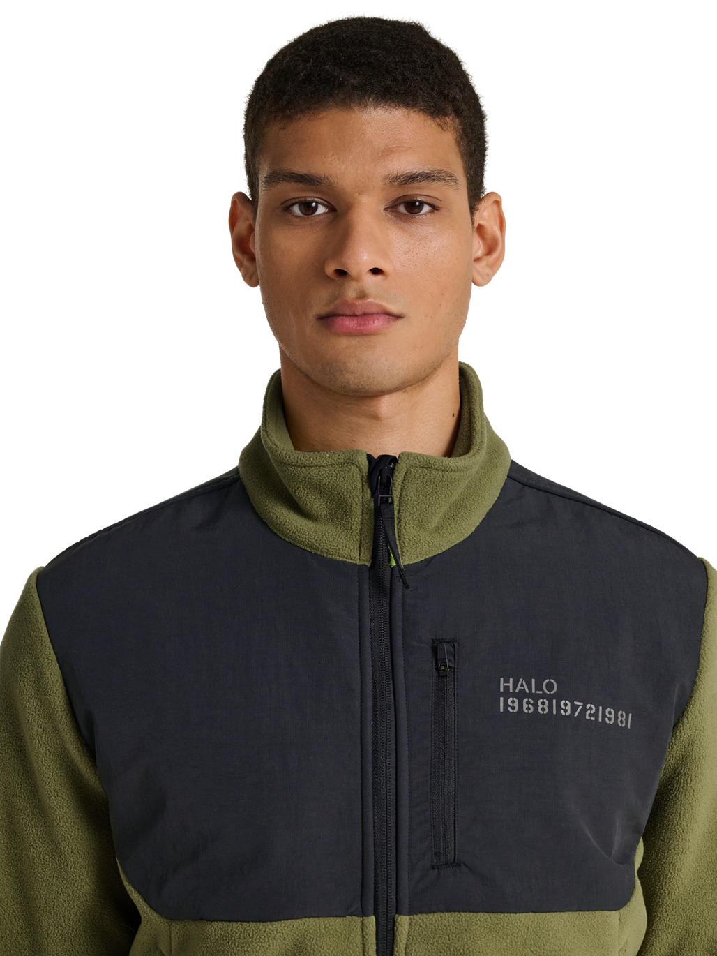 HALO BLOCKED ZIP FLEECE, OLIVE DRAB, model