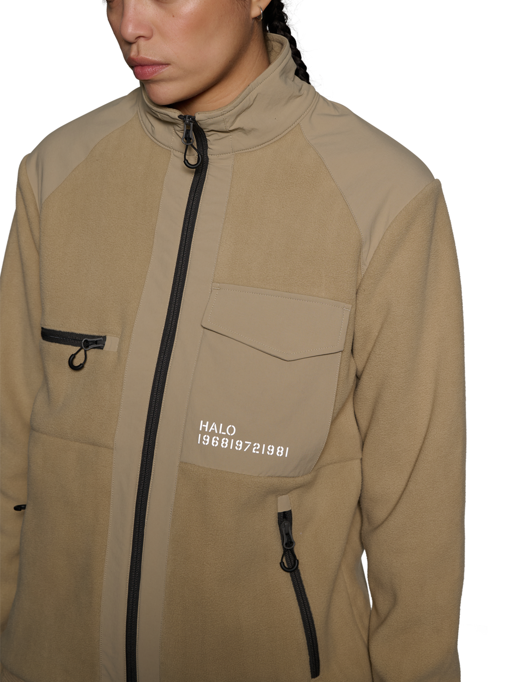 HALO PANELED FLEECE JACKET, CHINCHILLA, model