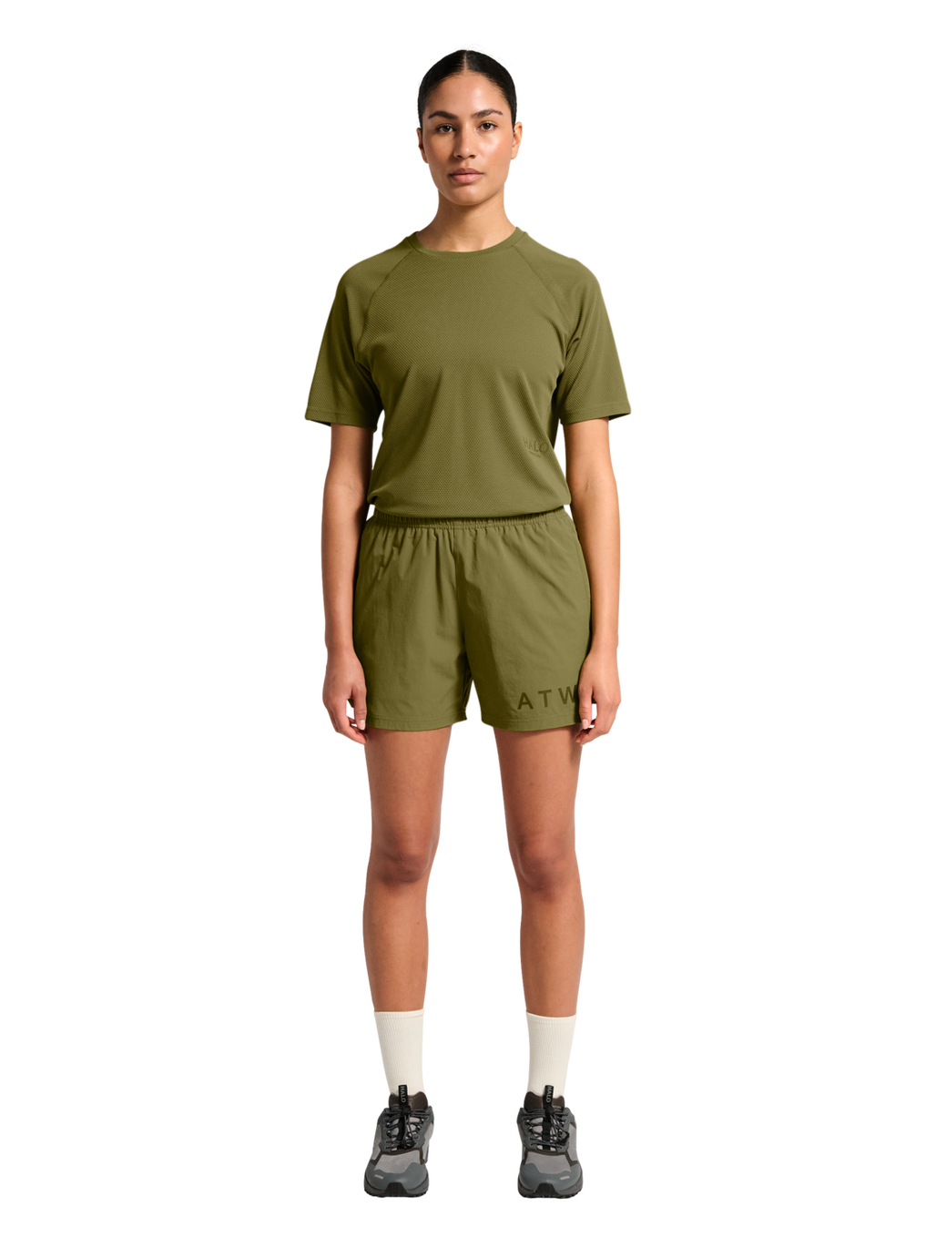 HALO SHORTS, OLIVE DRAB, model