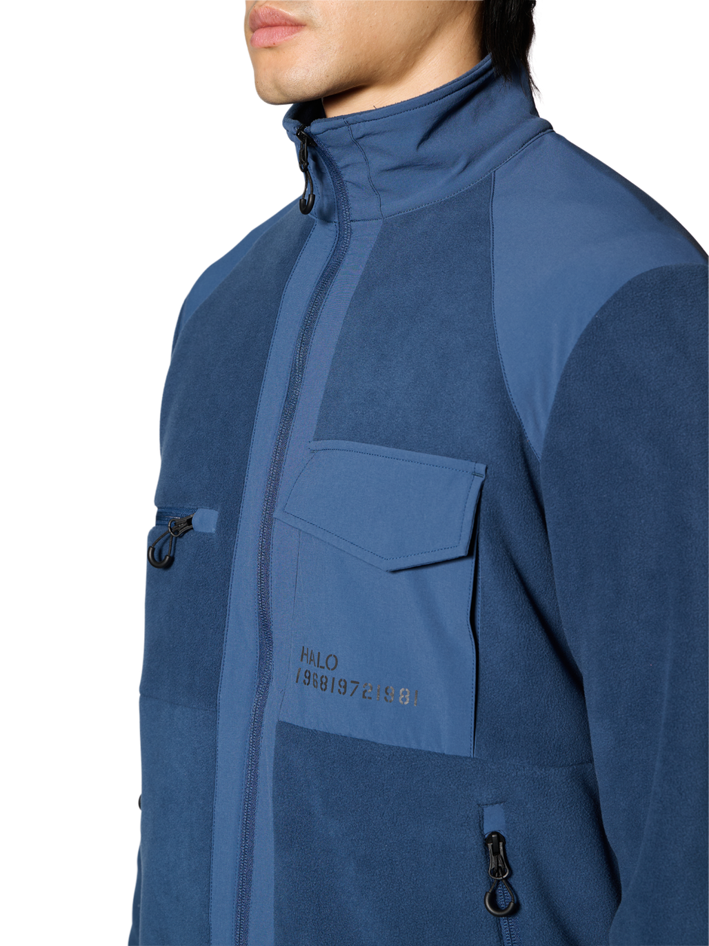 HALO PANELED FLEECE JACKET, SARGASSO SEA, model