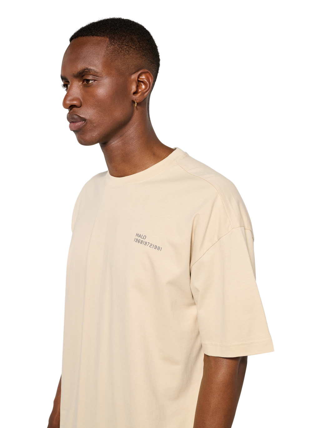 HALO GRAPHIC BOXY T-SHIRT, OYSTER GRAY/ASPHALT, model