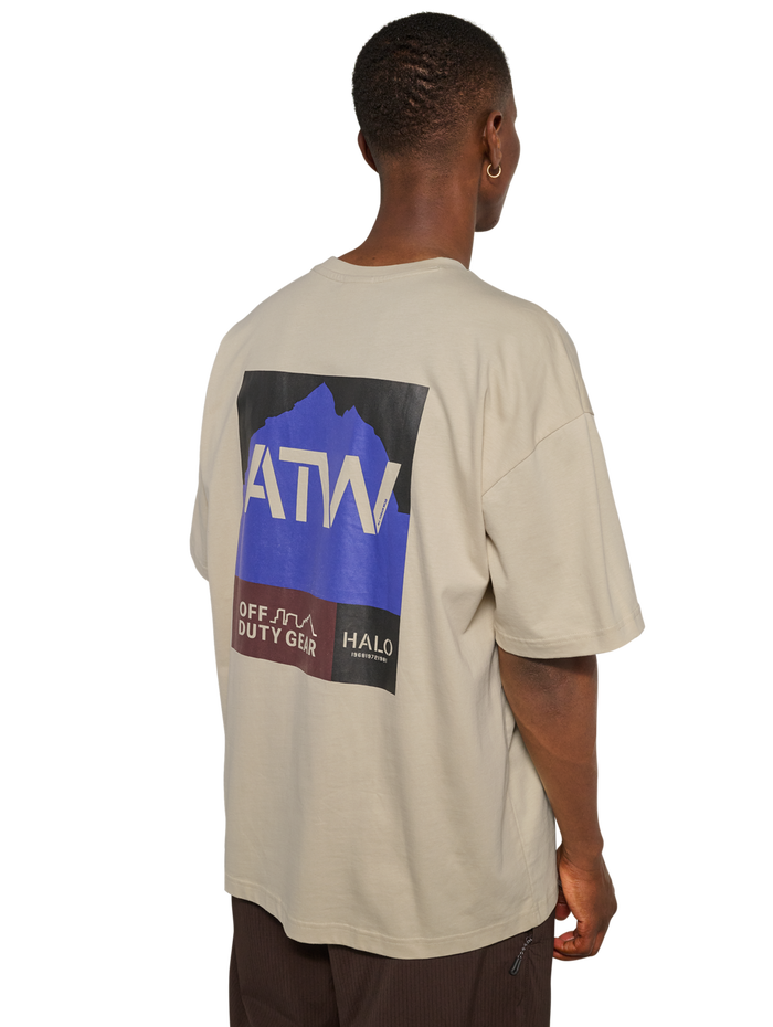 HALO GRAPHIC BOXY T-SHIRT, OYSTER GRAY/OYSTER GRAY, model