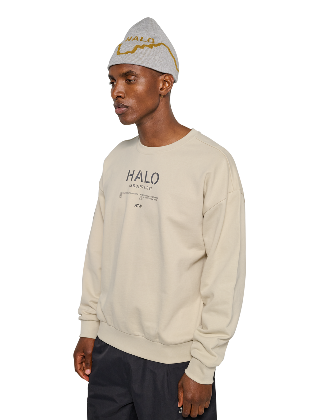 HALO GRAPHIC BOXY CREW, OYSTER GRAY, model