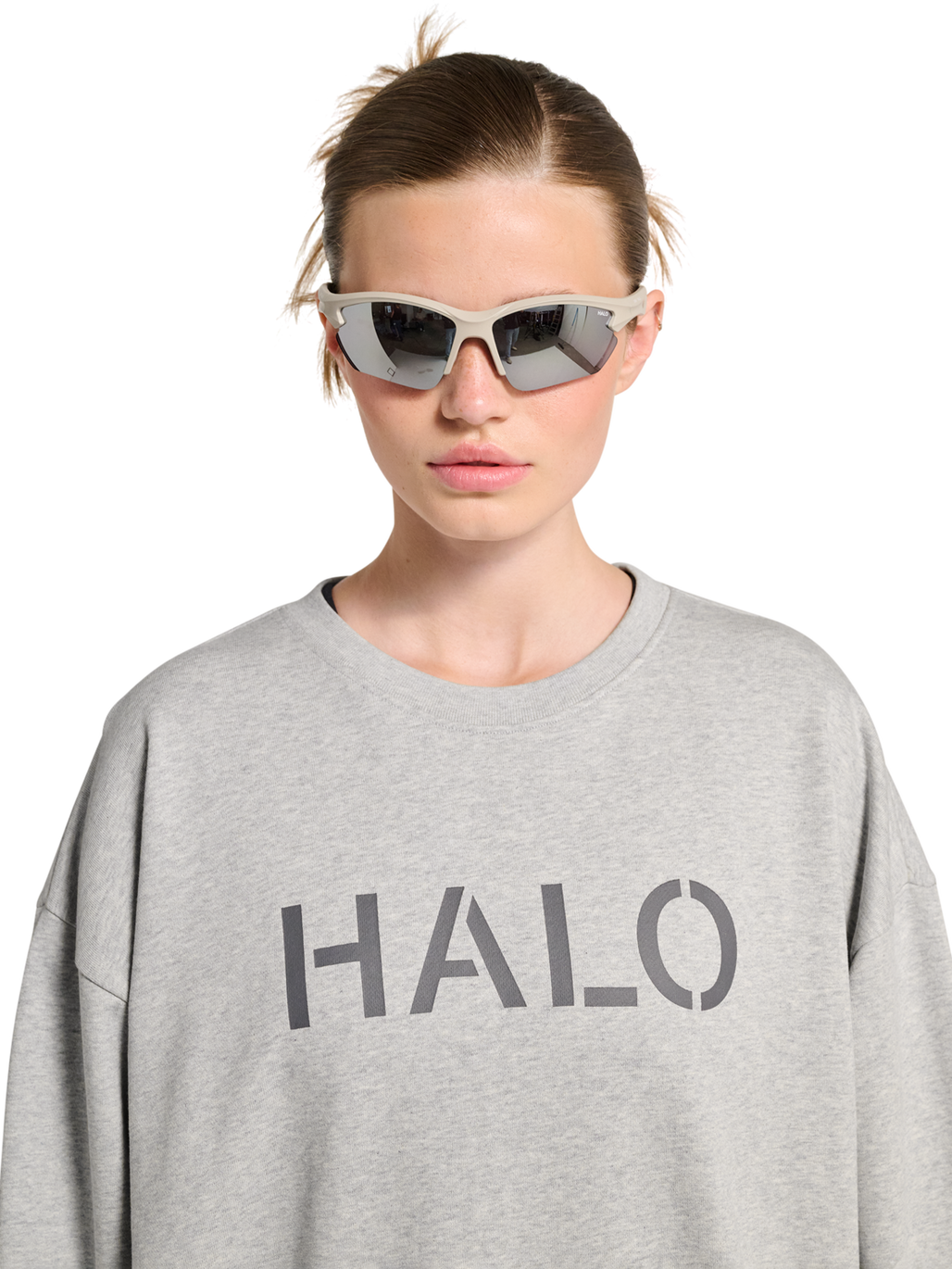 HALO UNIFORM BOXY CREW, LIGHT GREY MELANGE, model