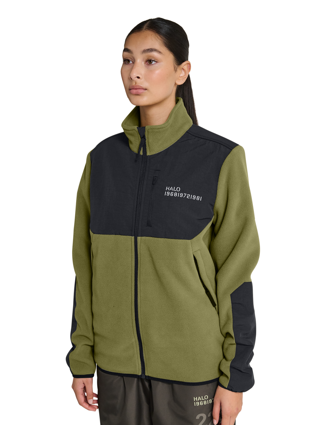 HALO BLOCKED ZIP FLEECE, OLIVE DRAB, model