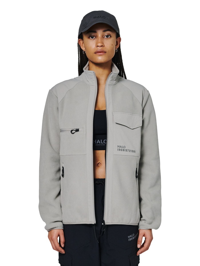 HALO PANELED FLEECE JACKET, MOURNING DOVE, model