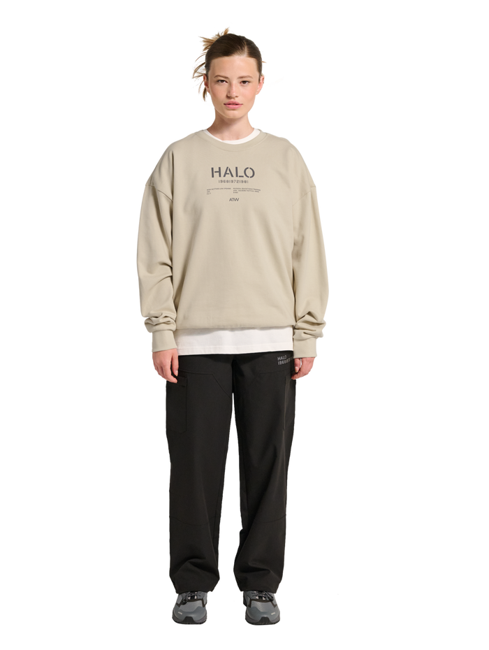 HALO GRAPHIC BOXY CREW, OYSTER GRAY, model