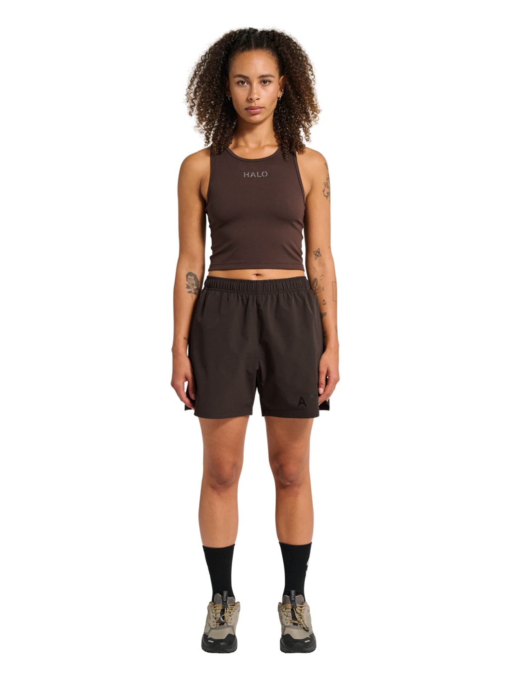 HALO SHORTS, CHOCOLATE TORTE, model