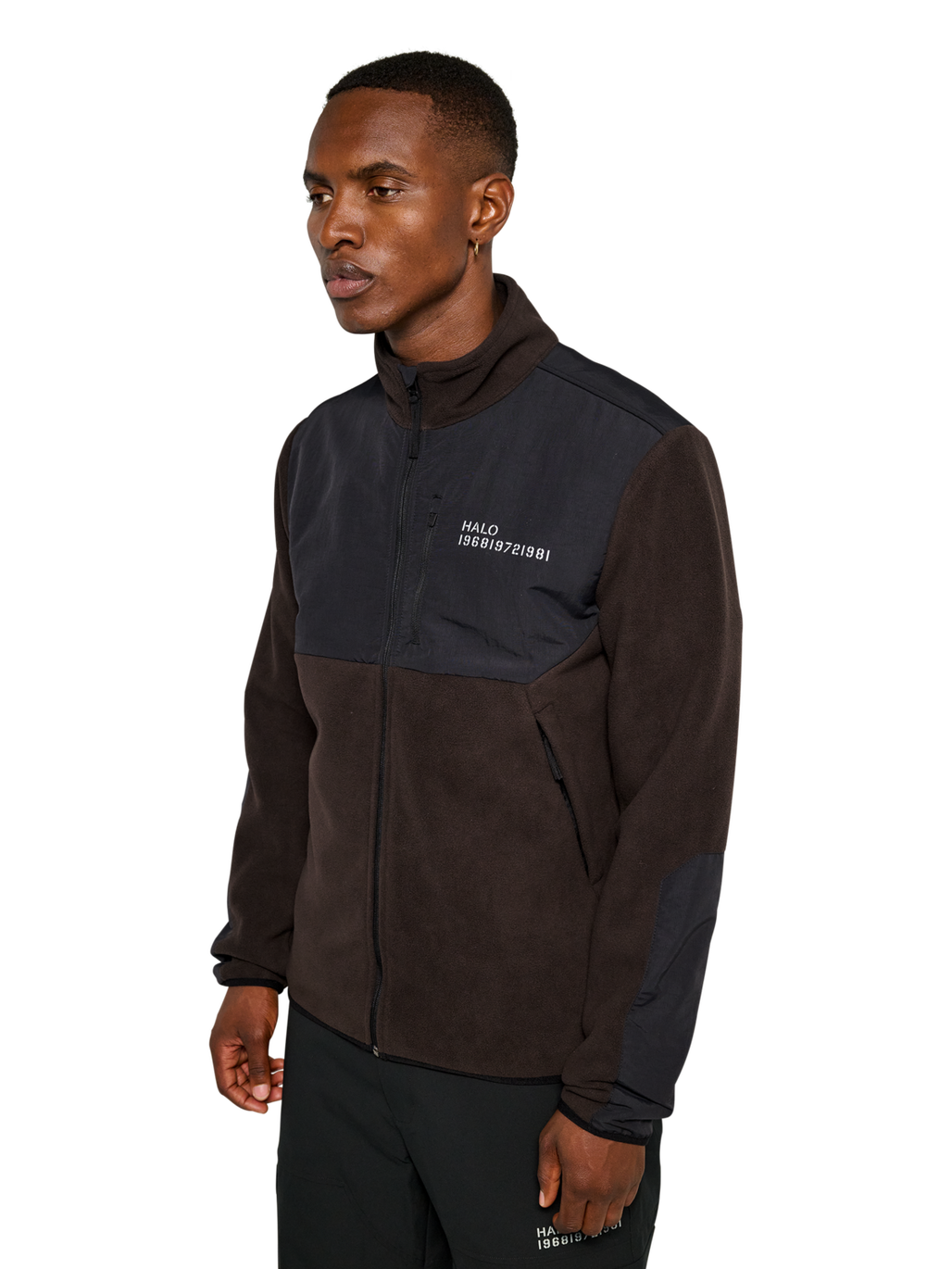 HALO BLOCKED ZIP FLEECE, CHOCOLATE TORTE, model