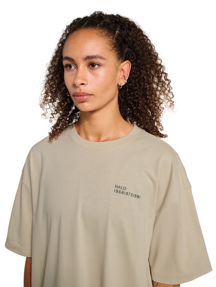 HALO GRAPHIC BOXY T-SHIRT, OYSTER GRAY/ASPHALT, model