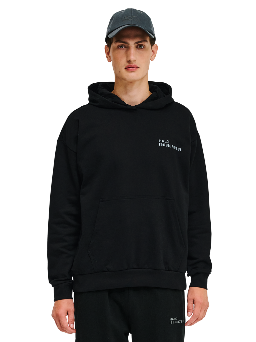 HALO ESSENTIAL HOODIE, BLACK, model