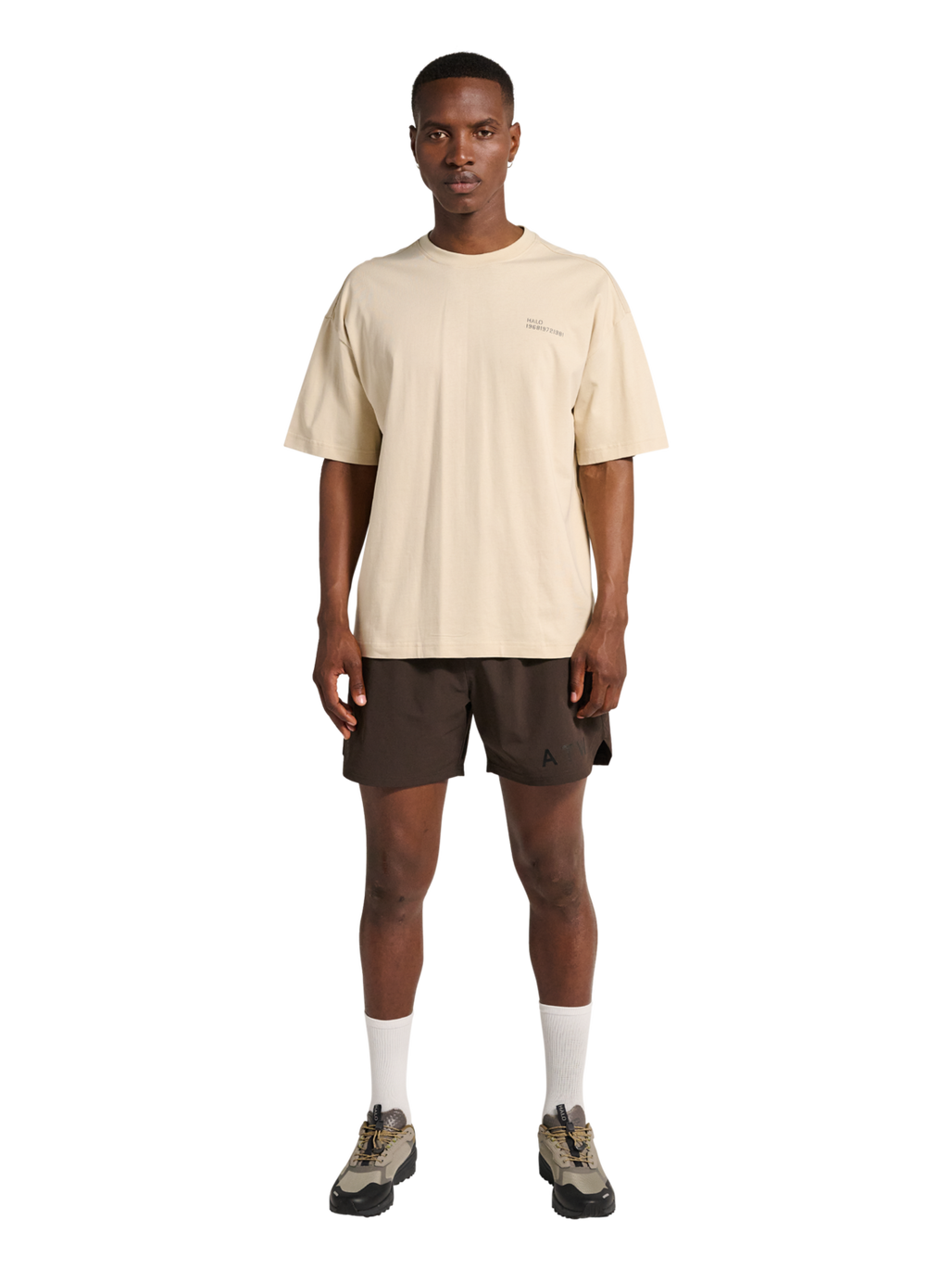 HALO GRAPHIC BOXY T-SHIRT, OYSTER GRAY/ASPHALT, model