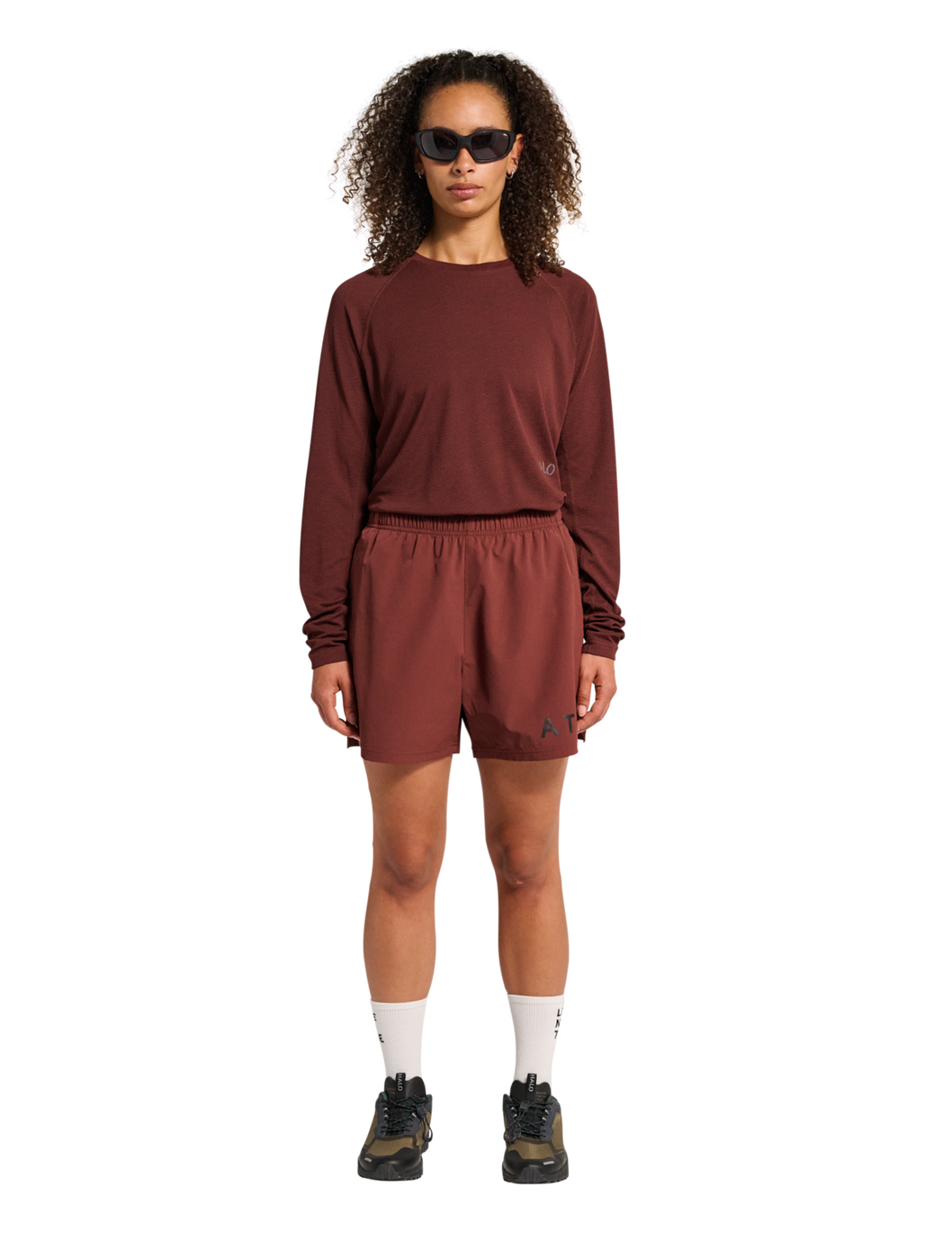 HALO SHORTS, BITTER CHOCOLATE, model