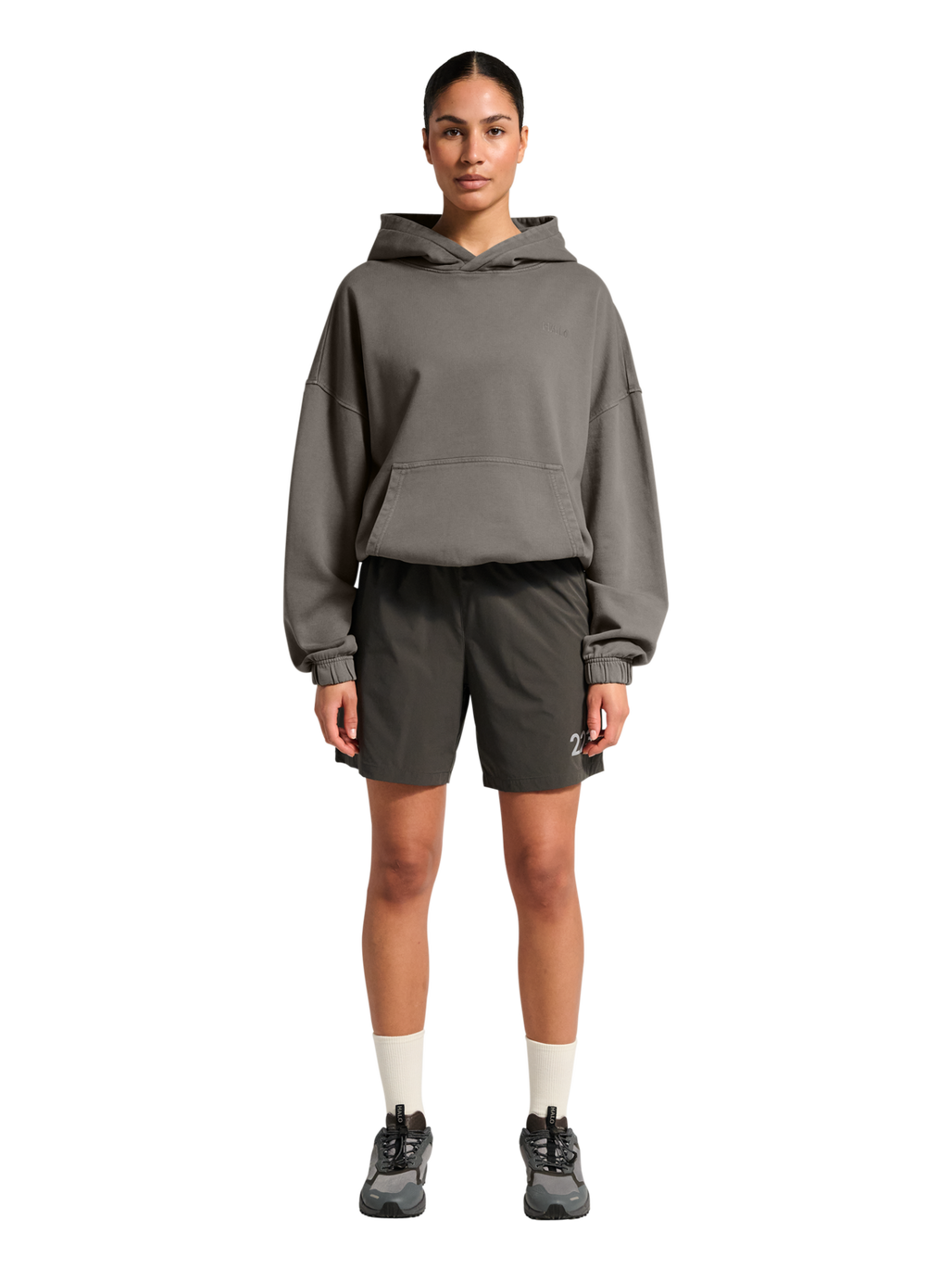 HALO DHOBI BOXY HOODIE, GUNMETAL, model