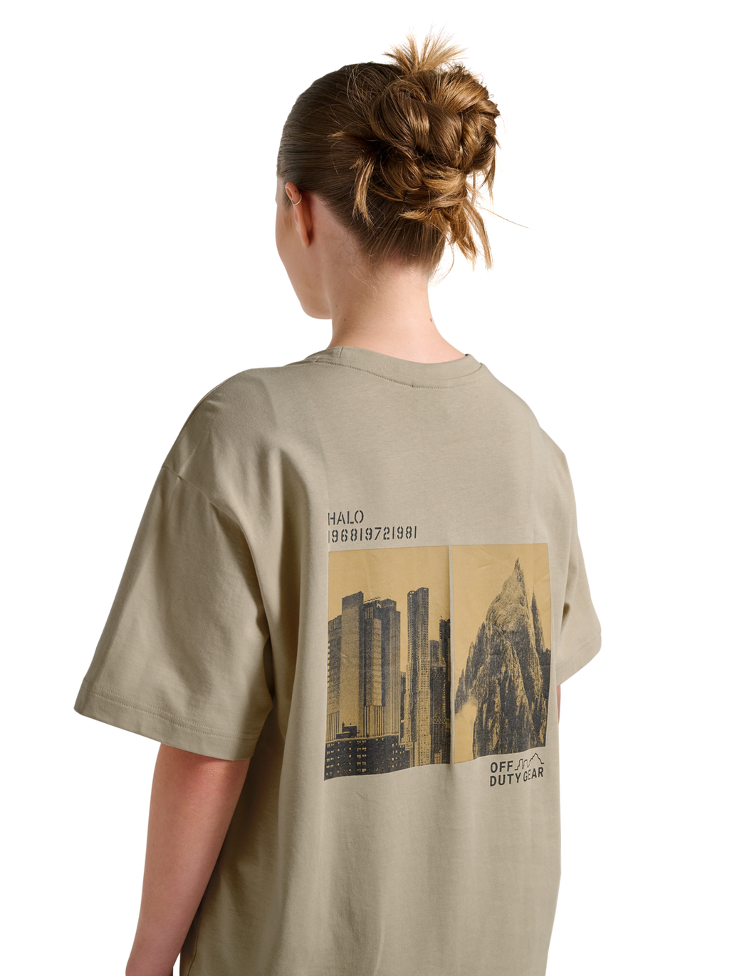 HALO GRAPHIC T-SHIRT, OYSTER GRAY/ASPHALT, model