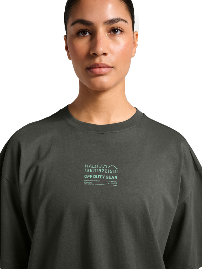 HALO GRAPHIC BOXY T-SHIRT, GUNMETAL/SPRING BOUQUET, model