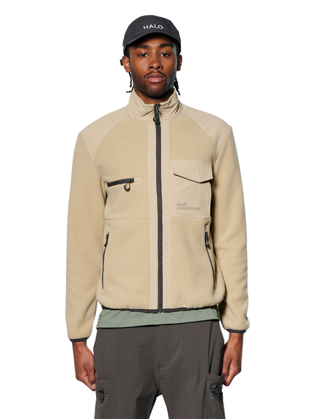 HALO PANELED FLEECE JACKET, CHINCHILLA, model