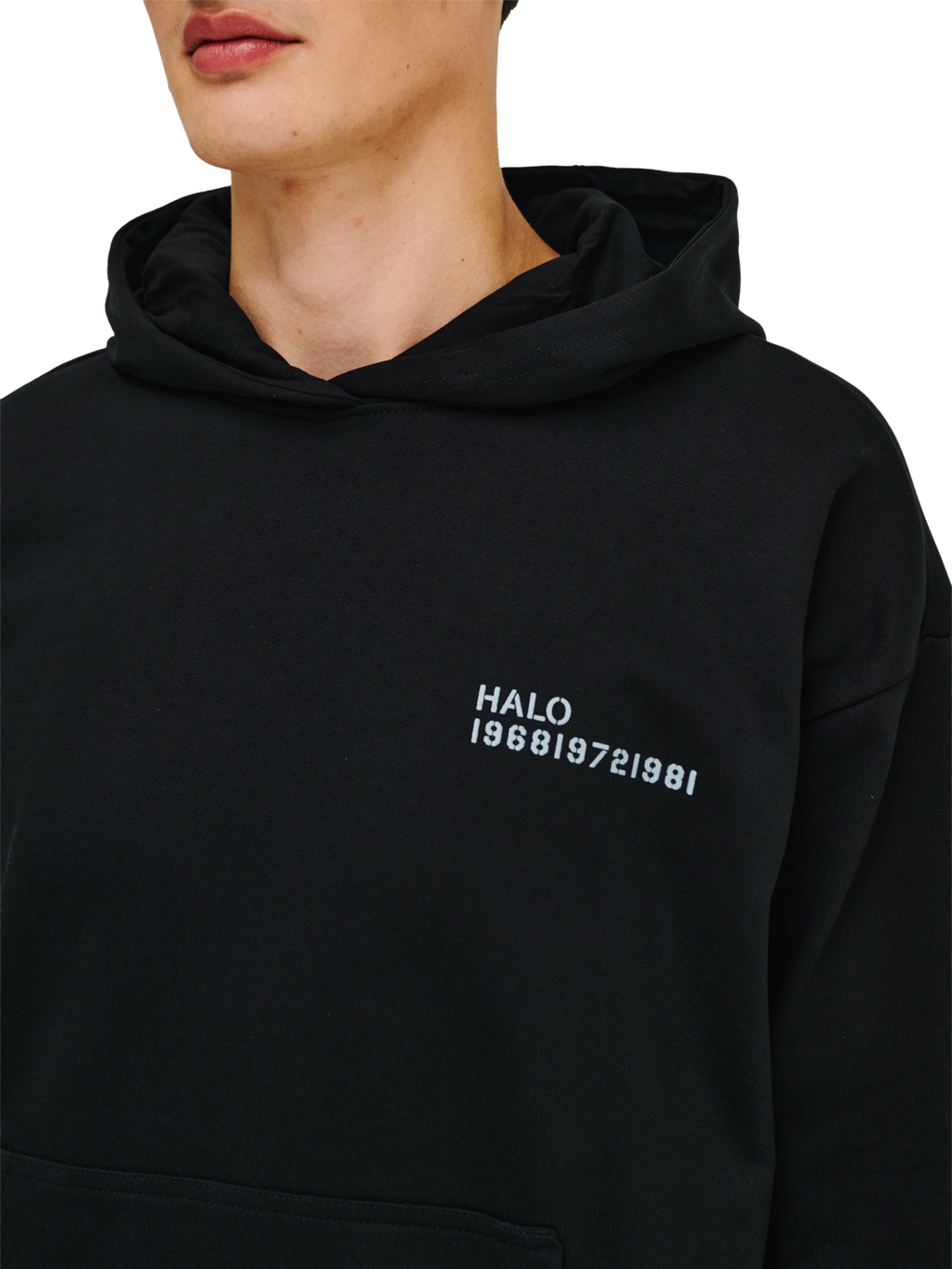 HALO ESSENTIAL HOODIE, BLACK, model