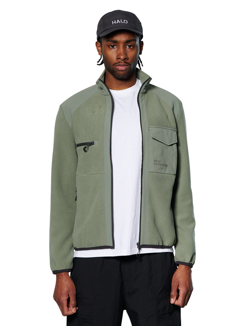 HALO PANELED FLEECE JACKET, AGAVE GREEN, model