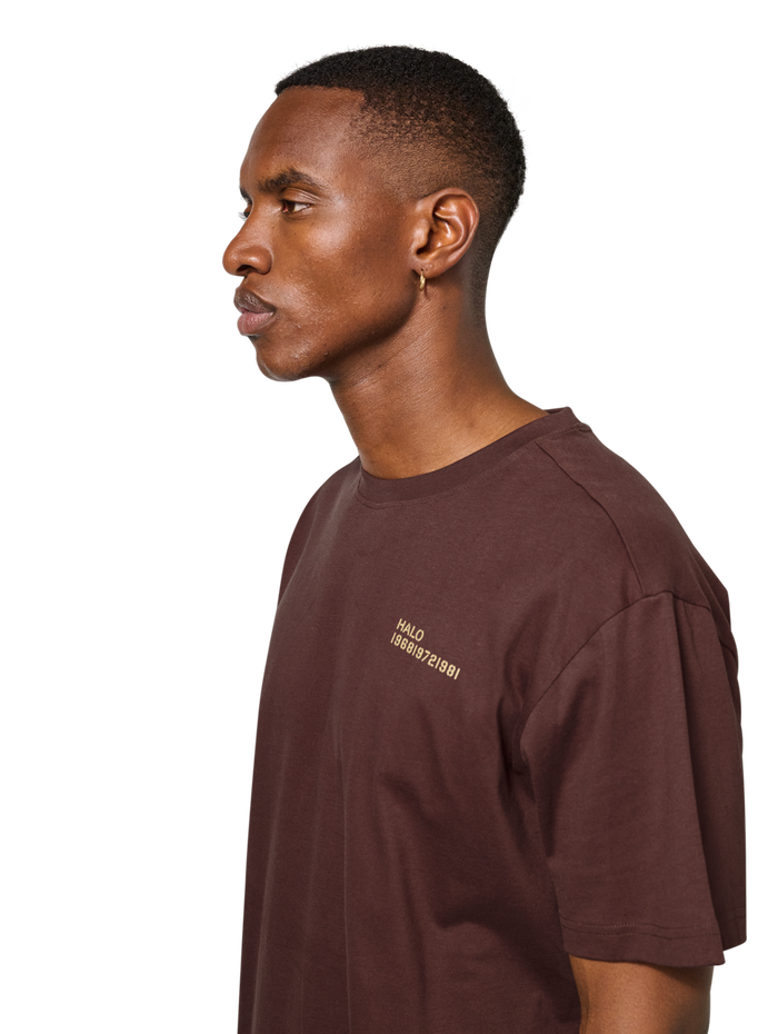HALO PATCH GRAPHIC T-SHIRT, BITTER CHOCOLATE, model