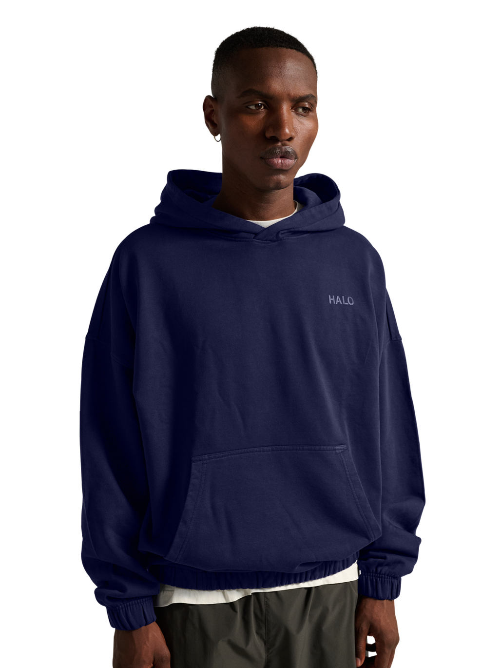 HALO DHOBI BOXY HOODIE, ASTRAL AURA, model