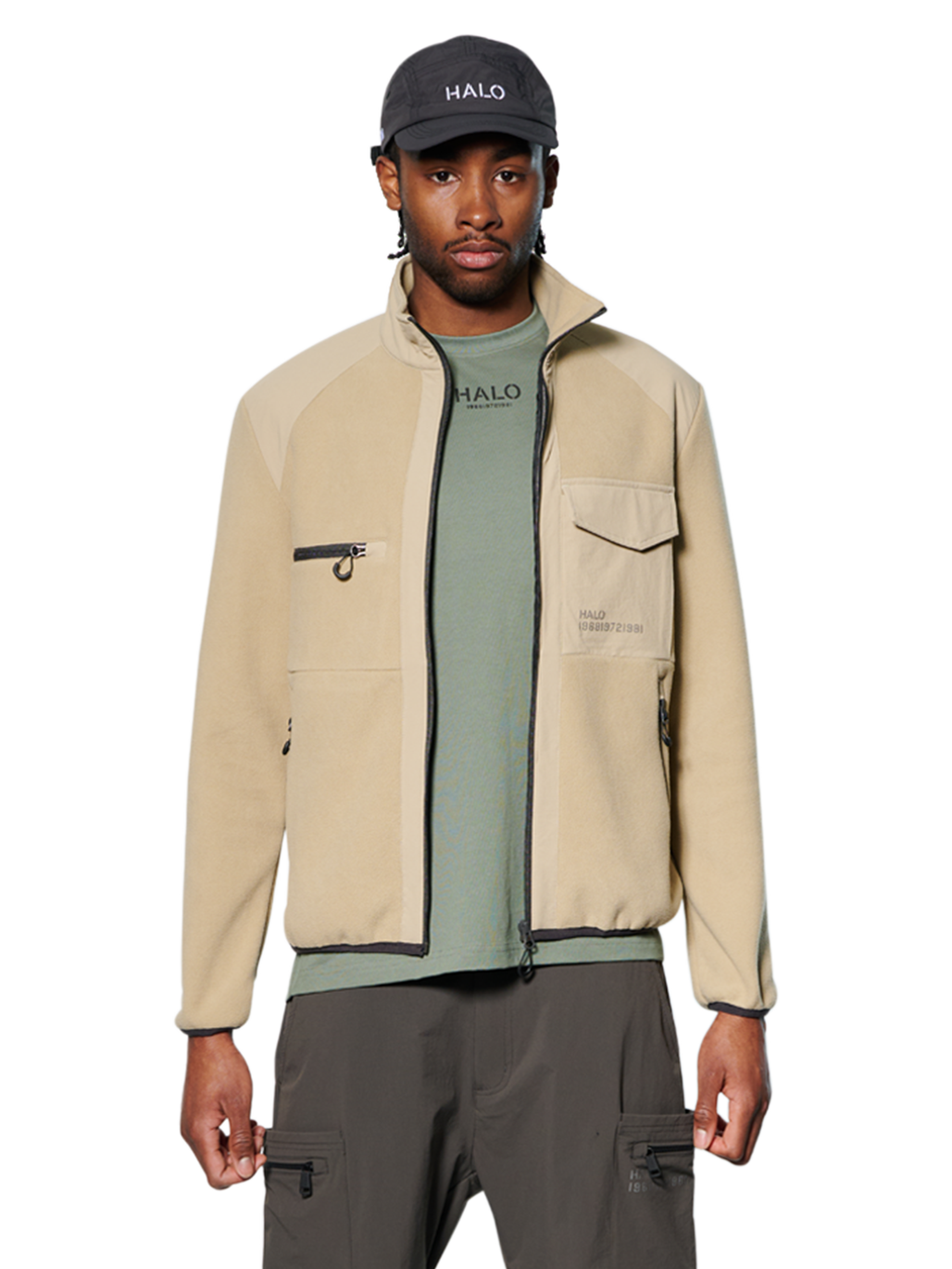 HALO PANELED FLEECE JACKET, CHINCHILLA, model
