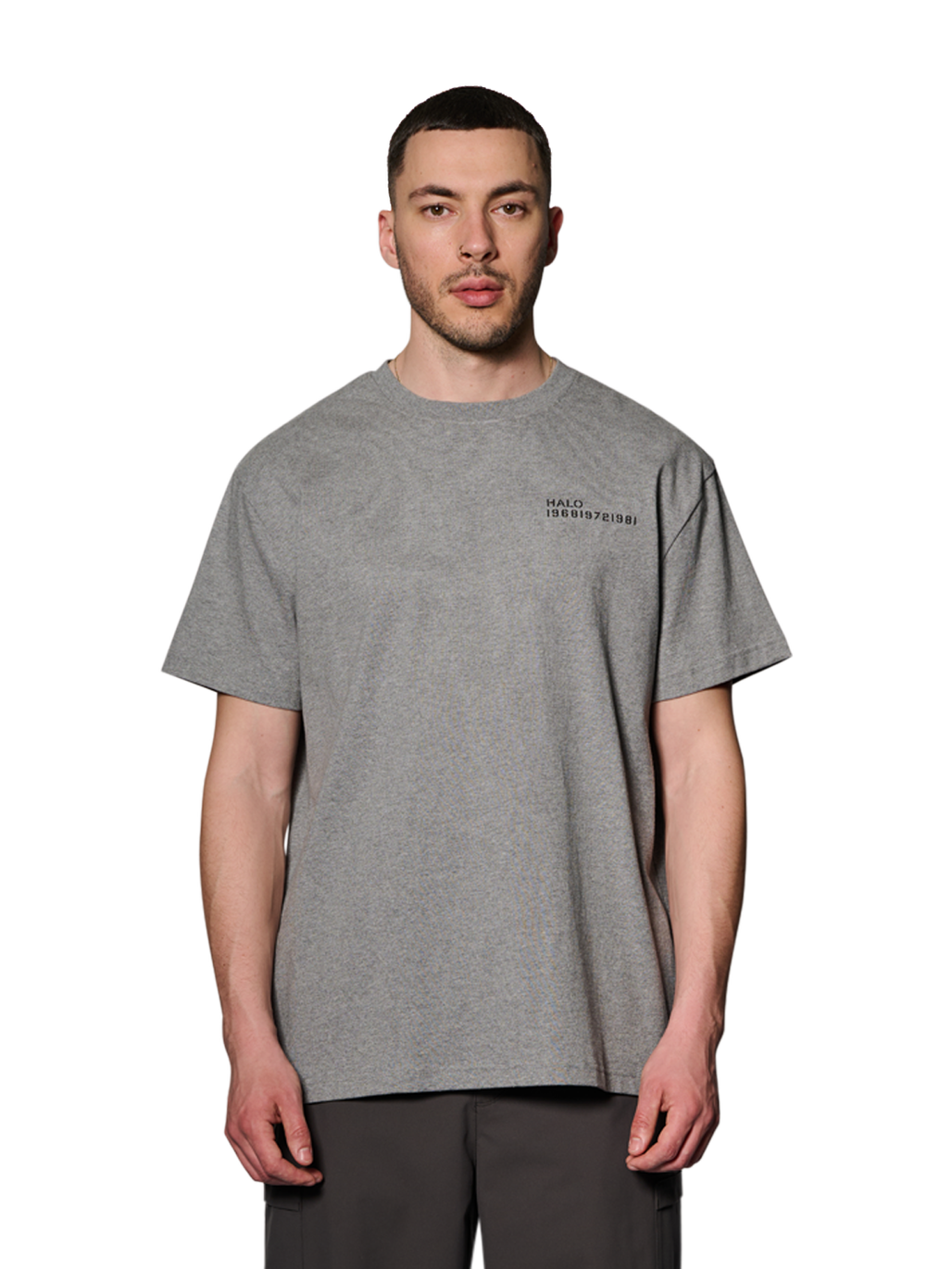 HALO ESSENTIAL T-SHIRT, GREY MELANGE, model
