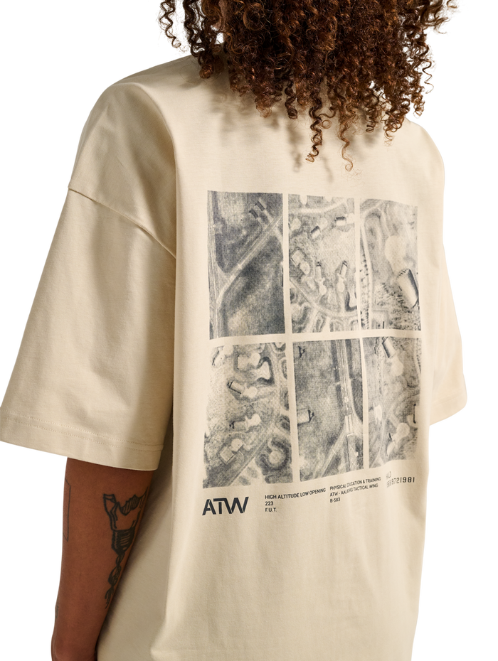 HALO GRAPHIC BOXY T-SHIRT, OYSTER GRAY/ASPHALT, model