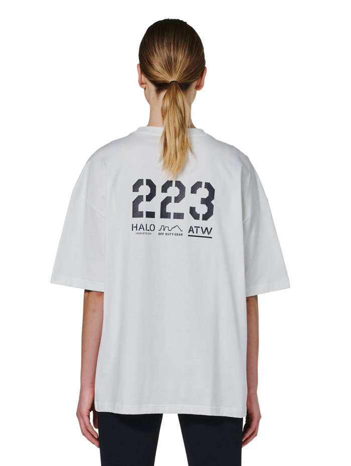 HALO GRAPHIC BOXY T-SHIRT, MARSHMALLOW/DEEP WELL, model