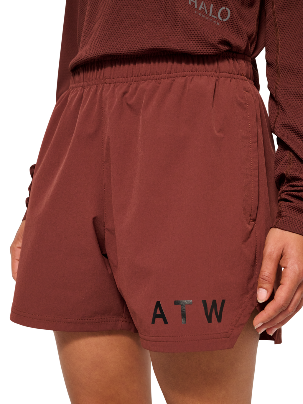 HALO SHORTS, BITTER CHOCOLATE, model
