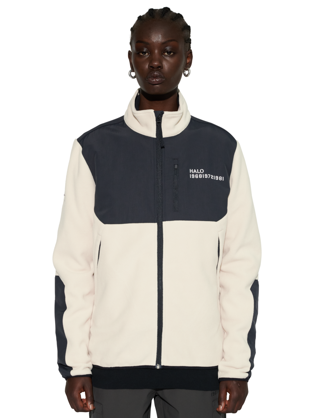 HALO BLOCKED ZIP FLEECE, OYSTER GRAY, model