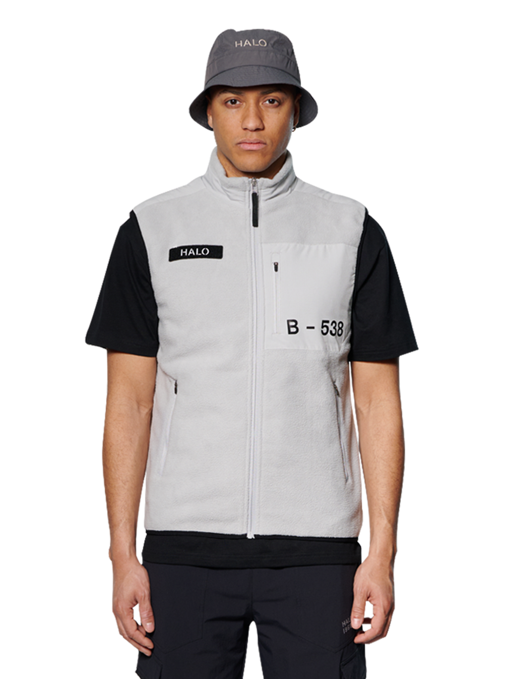 HALO TEDDY FLEECE VEST, HARBOR MIST, model