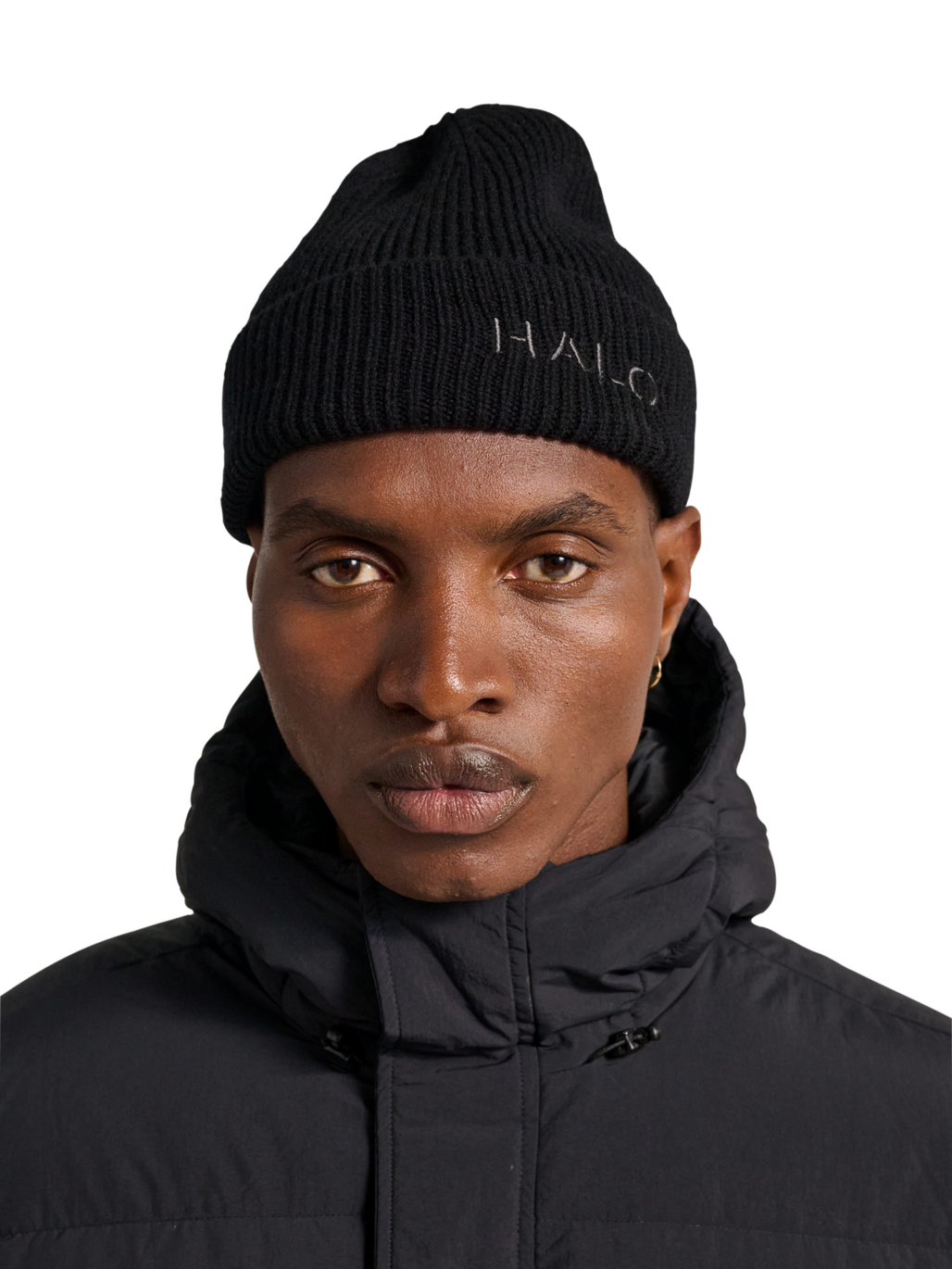 HALO  WOOL RIB BEANIE, BLACK, model