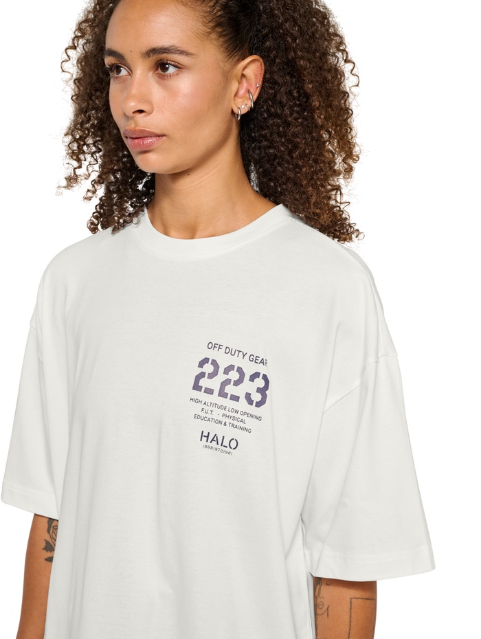 HALO GRAPHIC BOXY T-SHIRT, MARSHMALLOW/DEEP WELL, model