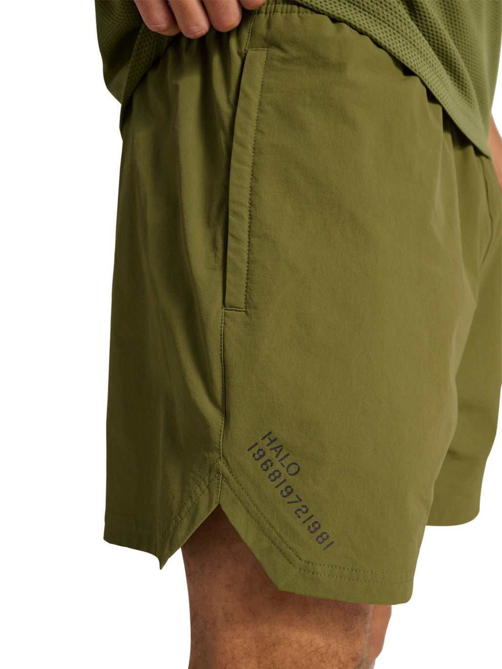HALO SHORTS, OLIVE DRAB, model