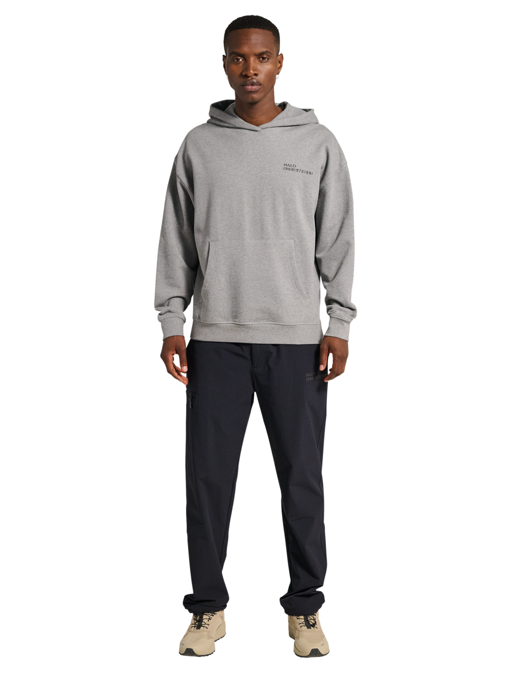 HALO ESSENTIAL HOODIE, GREY MELANGE, model
