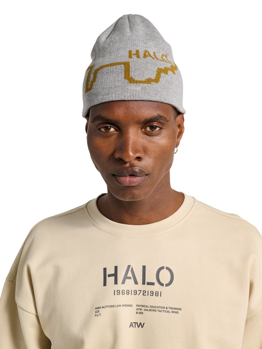 HALO LOGO BEANIE, MOURNING DOVE, model