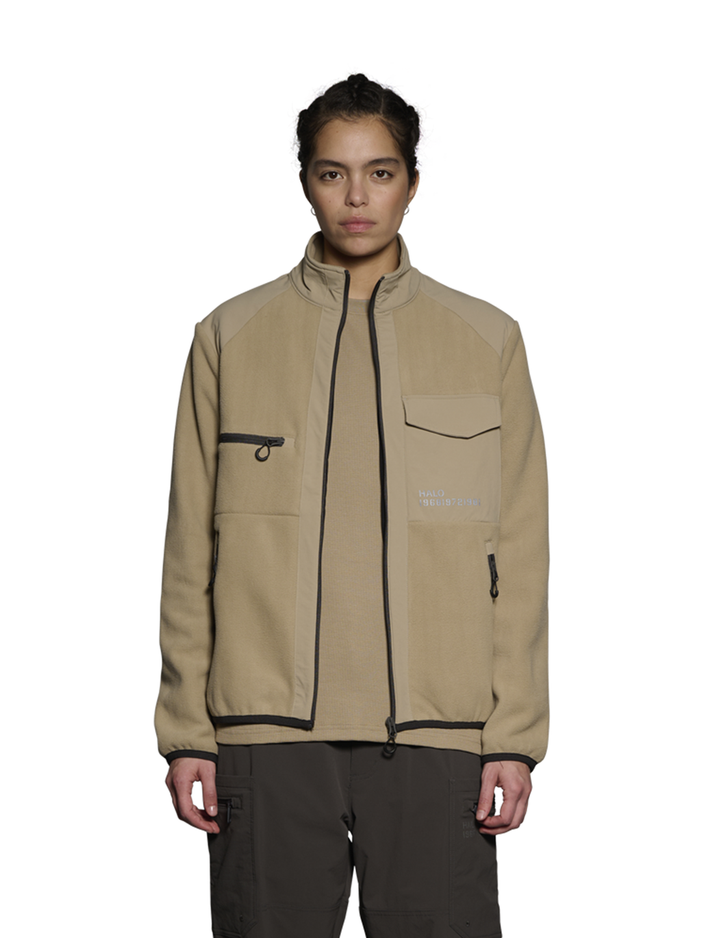 HALO PANELED FLEECE JACKET, CHINCHILLA, model