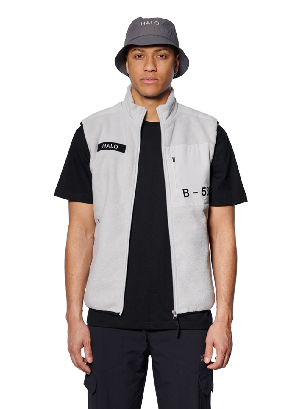 HALO TEDDY FLEECE VEST, HARBOR MIST, model