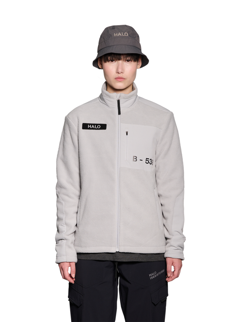 HALO TEDDY FLEECE JACKET, HARBOR MIST, model
