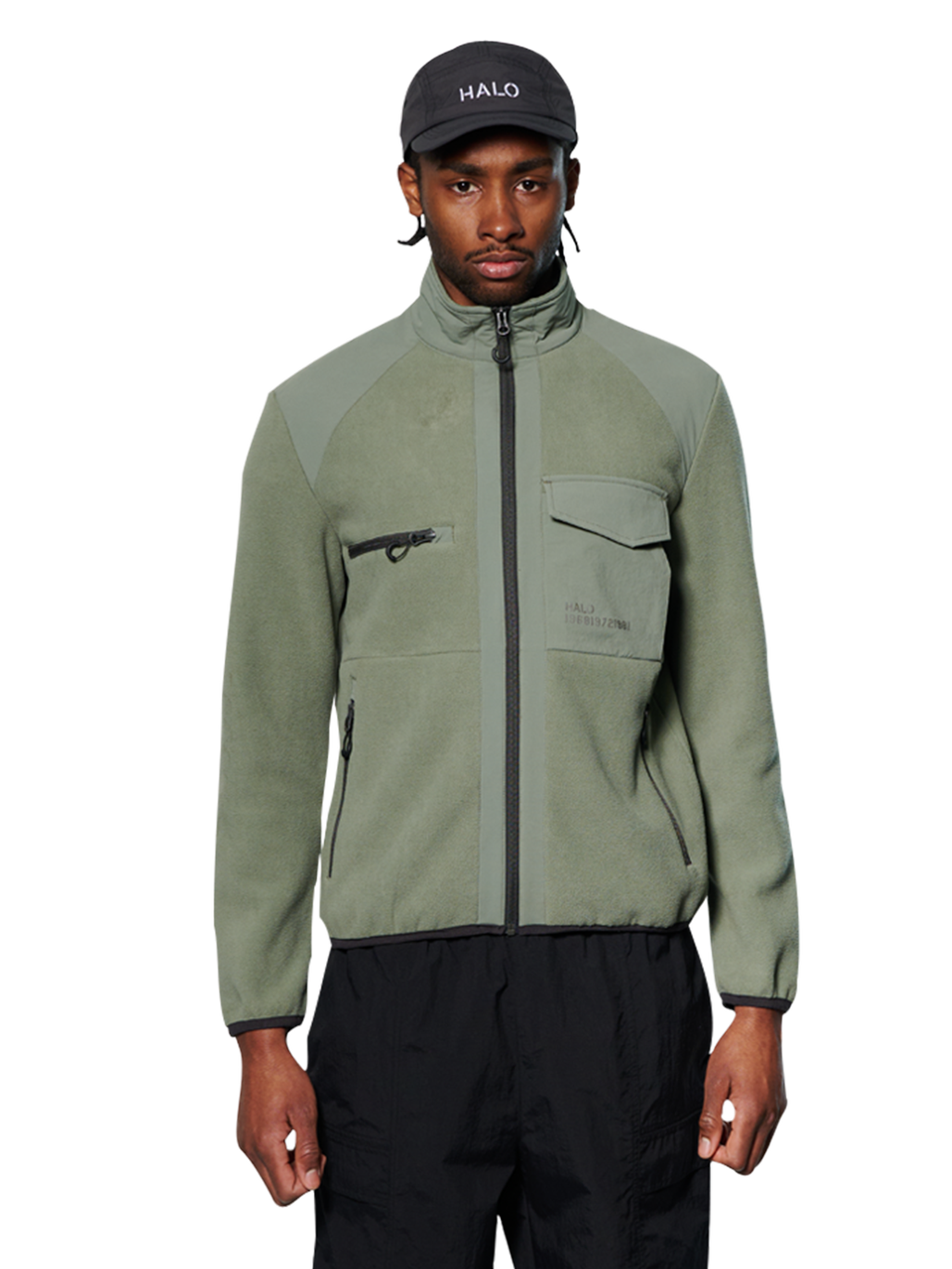 HALO PANELED FLEECE JACKET, AGAVE GREEN, model