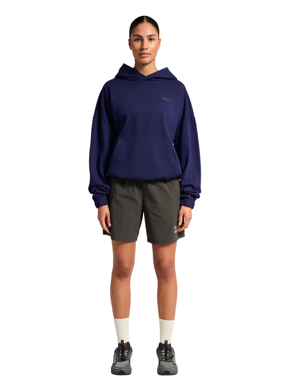 HALO DHOBI BOXY HOODIE, ASTRAL AURA, model