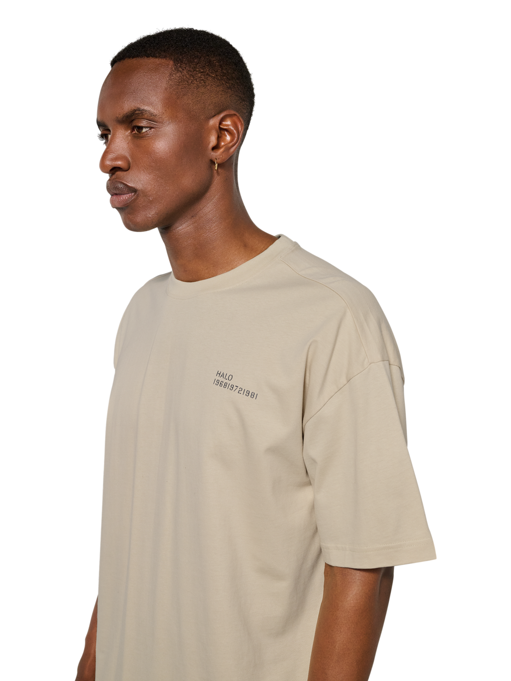 HALO GRAPHIC BOXY T-SHIRT, OYSTER GRAY/ASPHALT, model