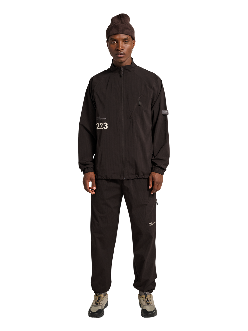 HALO STEEL JACKET, CHOCOLATE TORTE, model