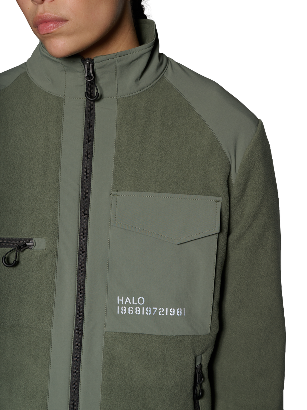HALO PANELED FLEECE JACKET, AGAVE GREEN, model