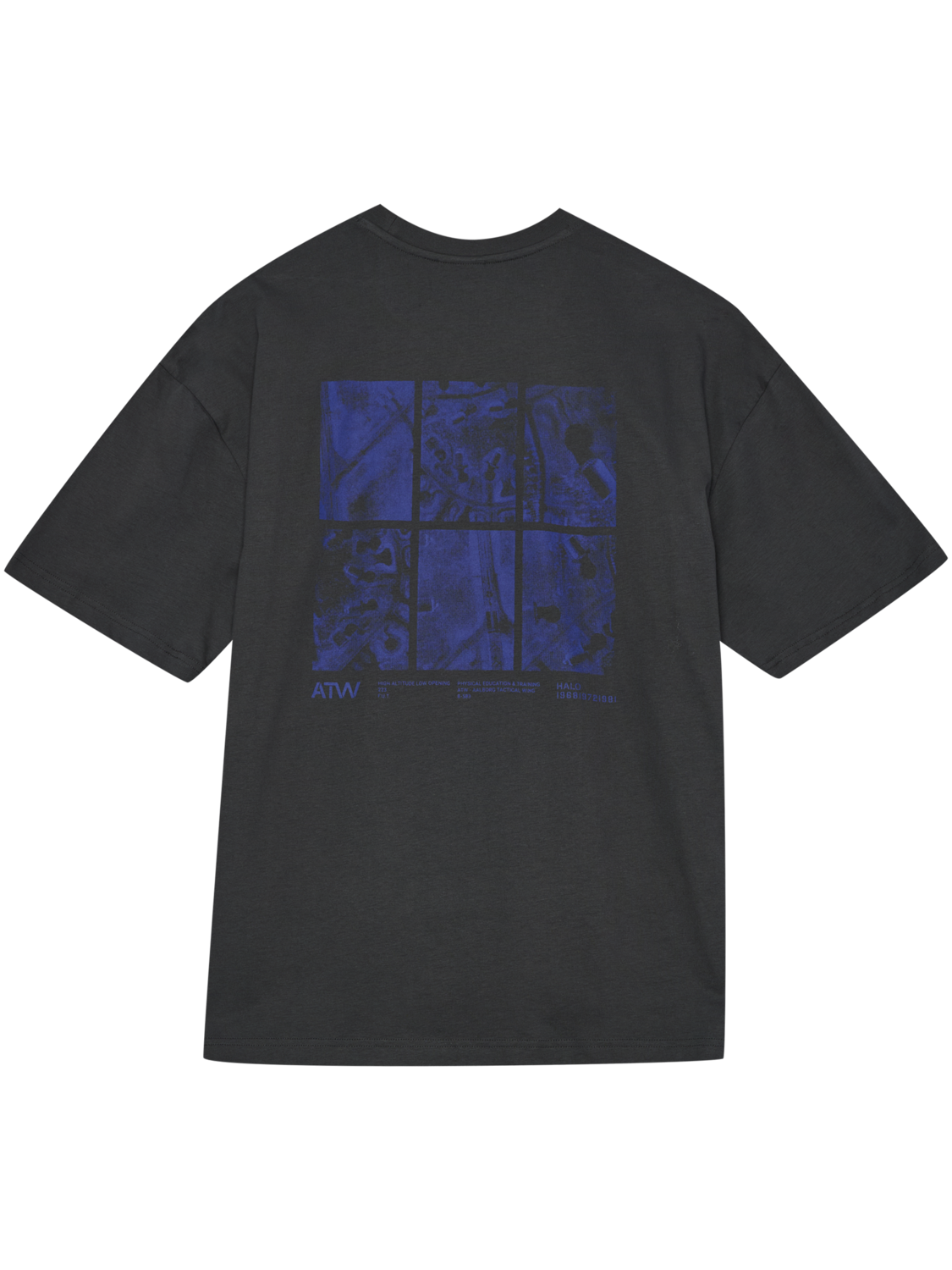 HALO GRAPHIC BOXY T-SHIRT, ASPHALT/NEON BLUE, packshot
